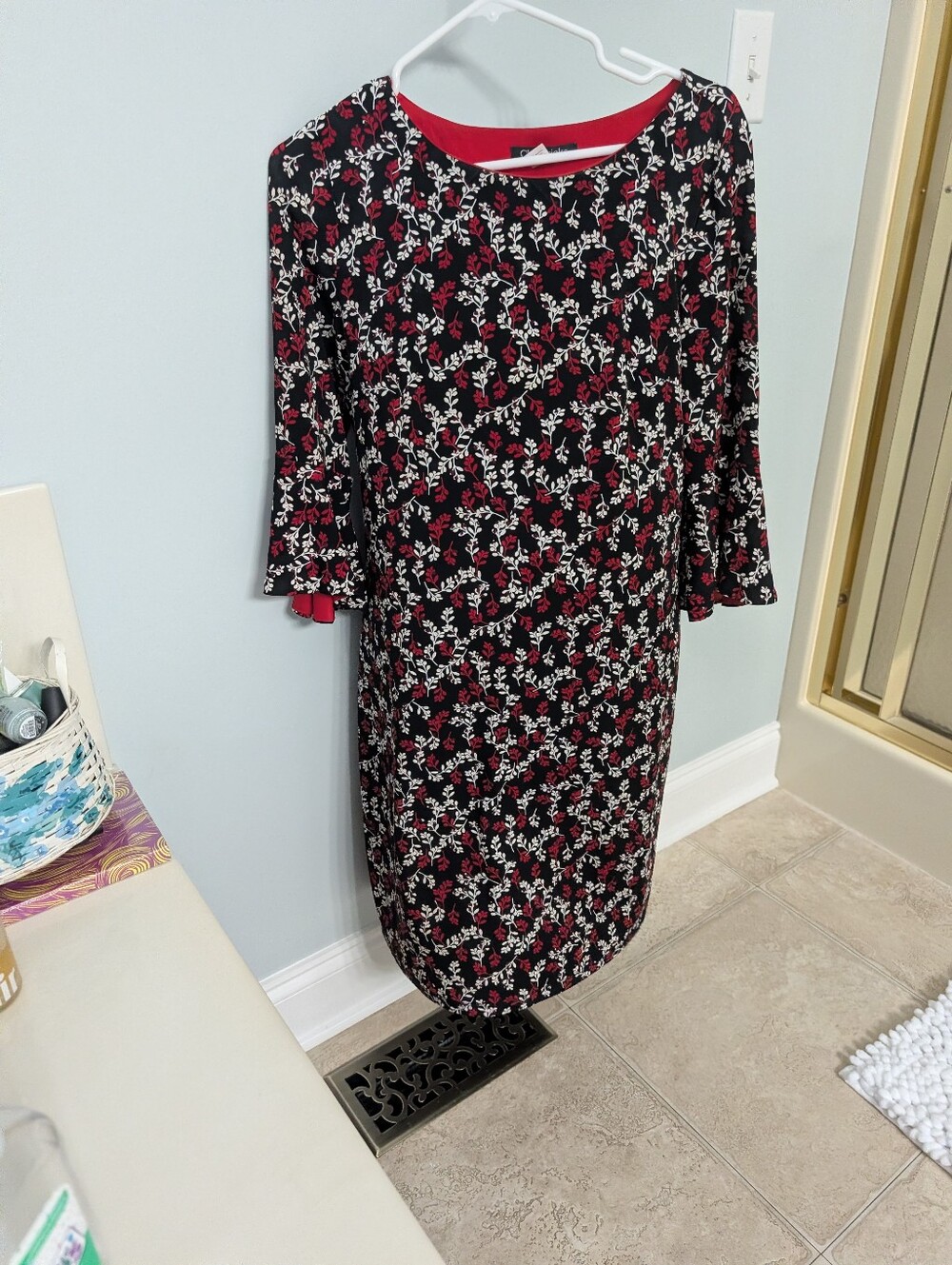 Women’s Black Floral Shift Dress with Red Accents